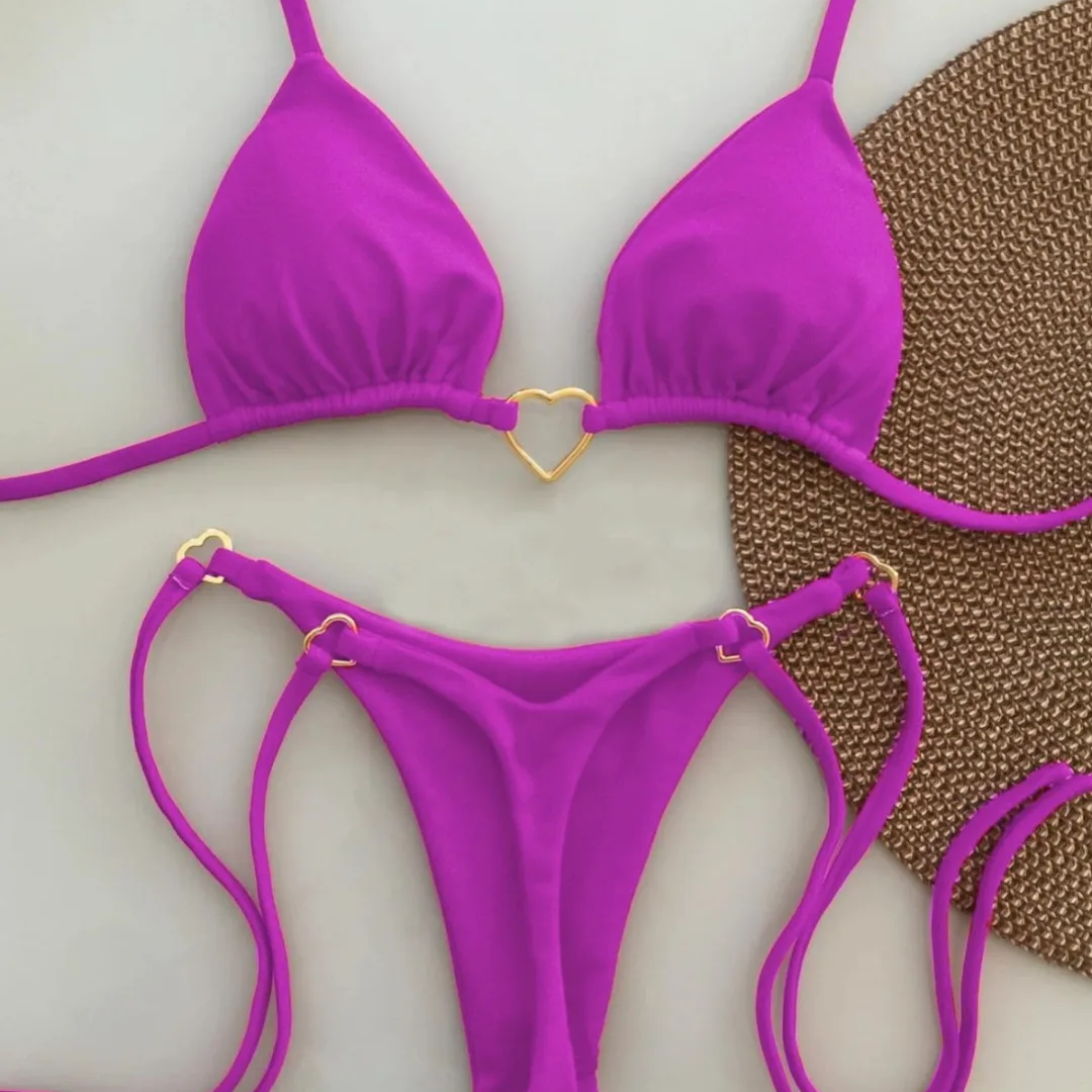 White Solid Color Lace-Up Bikini Set – Fashionable Low-Waist Two-Piece Swimsuit for Women, Wire-Free Summer Beachwear