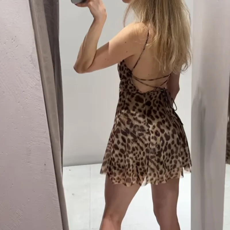 Women's Printed Silk Mesh Halter Dress – Sexy V-Neck Mini Vacation Dress