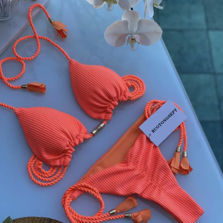 Women’s Solid Color Rope Bikini Set – Multicolor Two-Piece Swimsuit with Special Fabric, Wire-Free Beach Style Swimwear