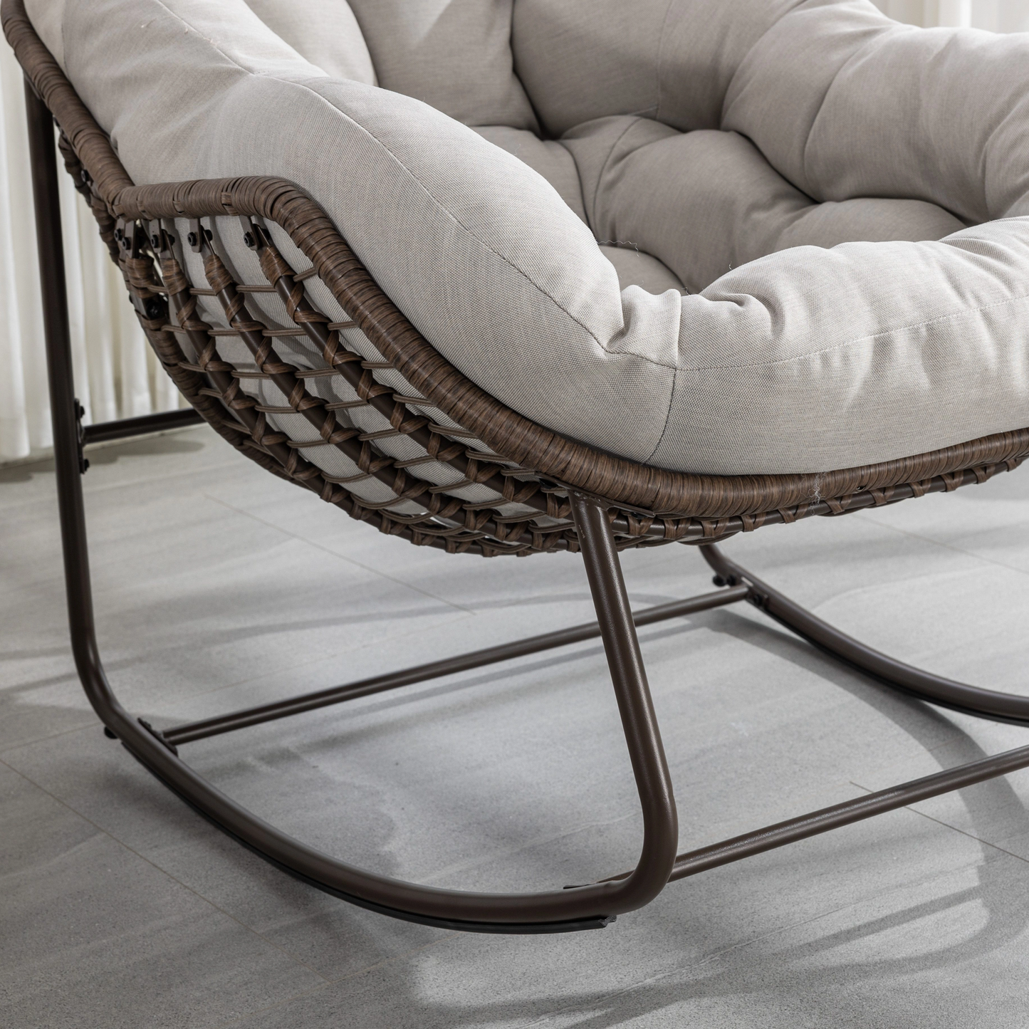 Beige Outdoor Rattan Rocking Chair with Padded Cushion – Comfortable Patio Recliner for Porch, Garden, or Living Room