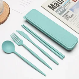4PCS Portable Wheat Straw Cutlery Set – Spoon, Fork, Chopsticks with Storage Box for Travel & Daily Use