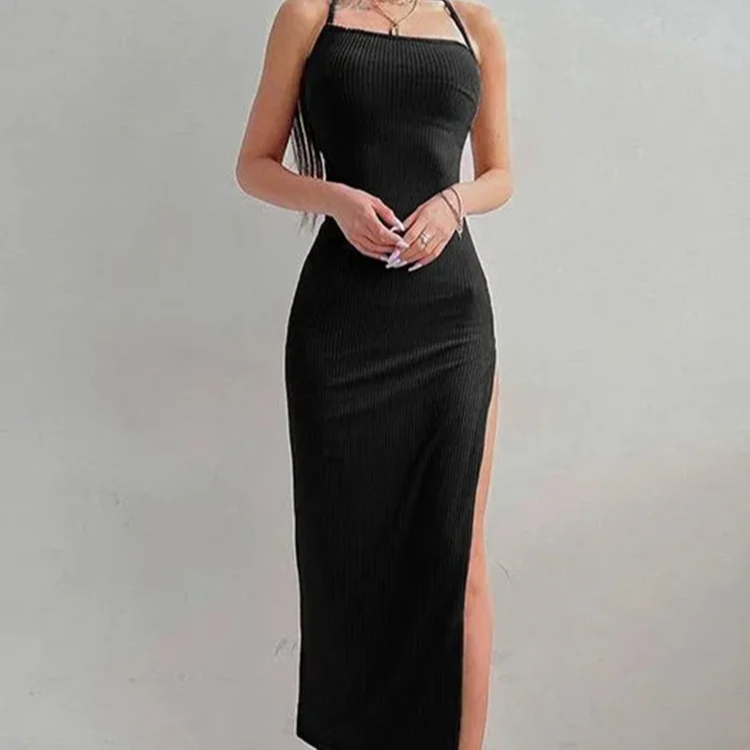 Women's Sexy Black Halter Bodycon Dress – Sleeveless Backless Spaghetti Strap High Split Maxi Dress for Summer Clubwear
