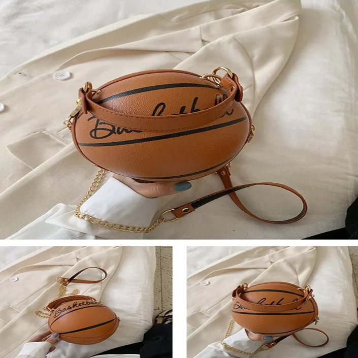 Women's Round Basketball Handbag – PU Leather Crossbody Bag with Zipper Closure & Cartoon Letter Detail