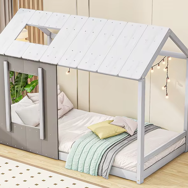 Twin Size Solid Wood Platform Bed with Roof and Window – White & Antique Grey Modern House Design for Kids' Bedroom