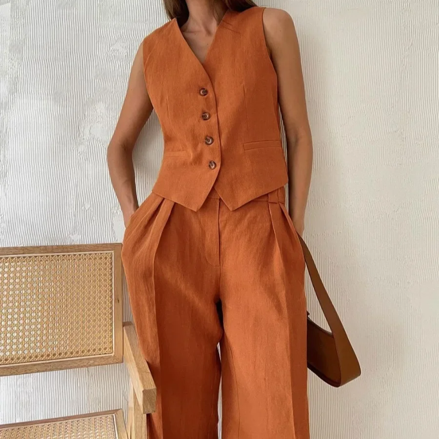 Women's Linen Cotton Vest and Wide-Leg Pants Set – 2-Piece Casual Summer Outfit with V-Neck Top and Elastic Waist Trousers