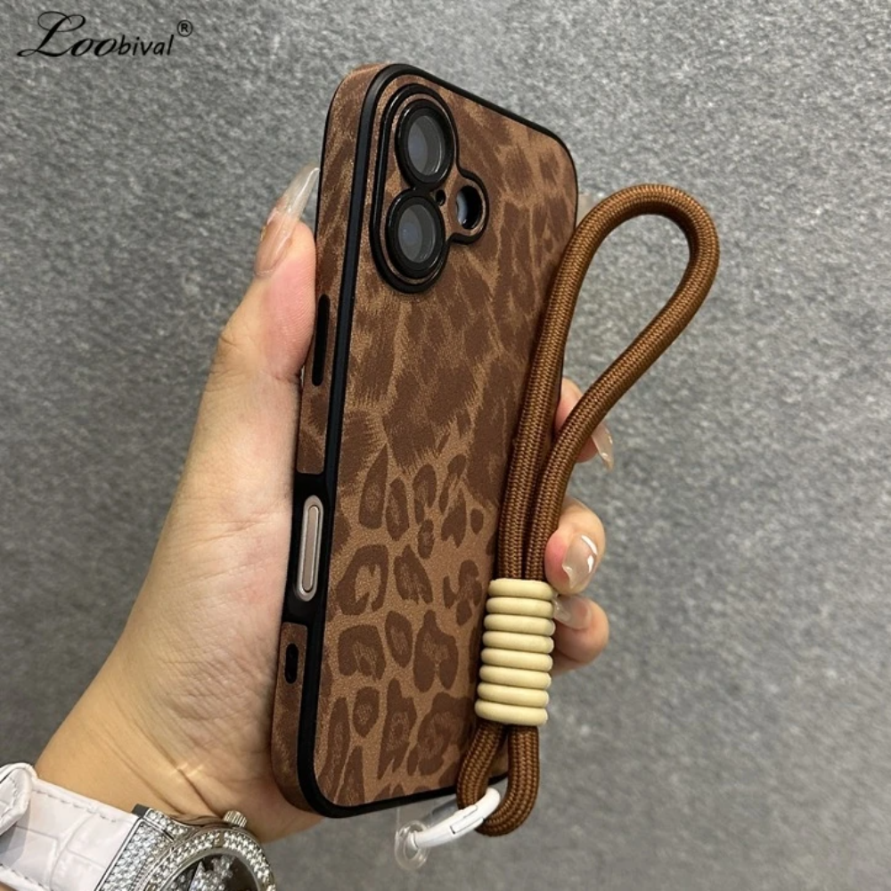 Cartoon Leopard Print Leather Case for iPhone 11/12/13/14/15/16 Series – Matte Cover with Wrist Strap, Lanyard, and Camera Lens Protection