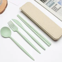 4PCS Portable Wheat Straw Cutlery Set – Spoon, Fork, Chopsticks with Storage Box for Travel & Daily Use