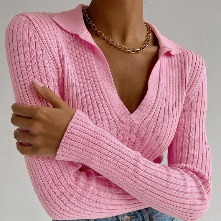 Slim Fit Polo Collar Knit Sweater for Women – Soft Ribbed Pullover Long Sleeve Autumn Winter Top