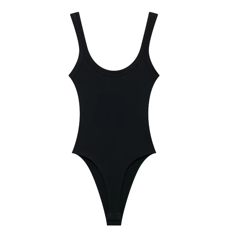 Skinny Ribbed Bodysuit for Women – O-Neck Strappy One-Piece with Snap Closure