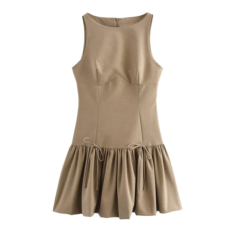 Chic Ruffled Mini Dress with Bows – Sleeveless O-Neck Casual A-Line Dress for Women