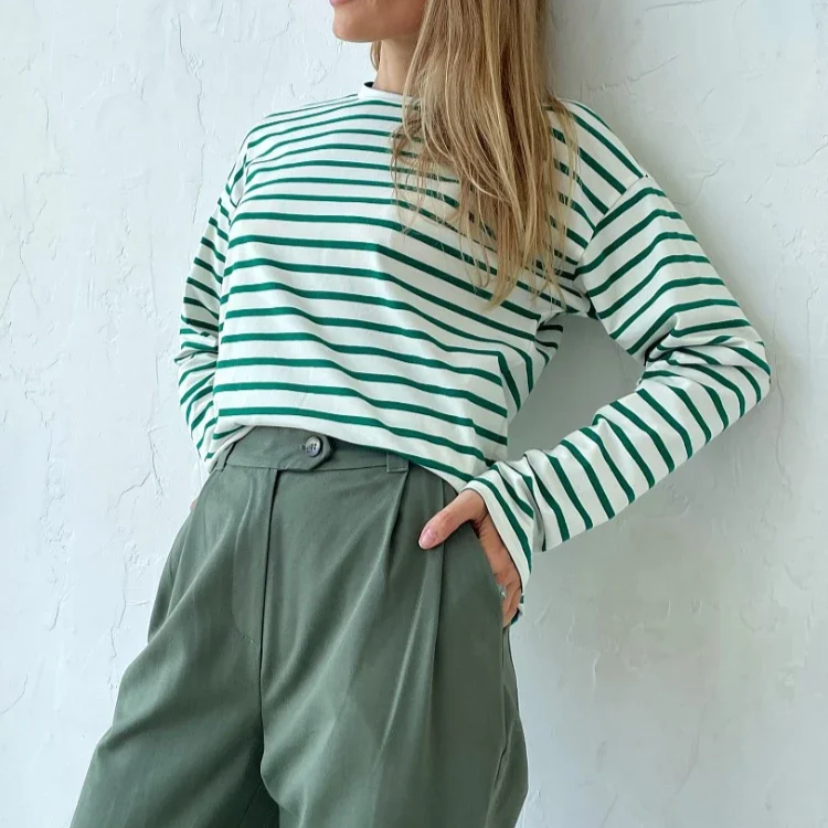 Women's Long Sleeve Striped Cotton T-Shirt – Loose Fit Casual Tee with O-Neck for Spring and Summer