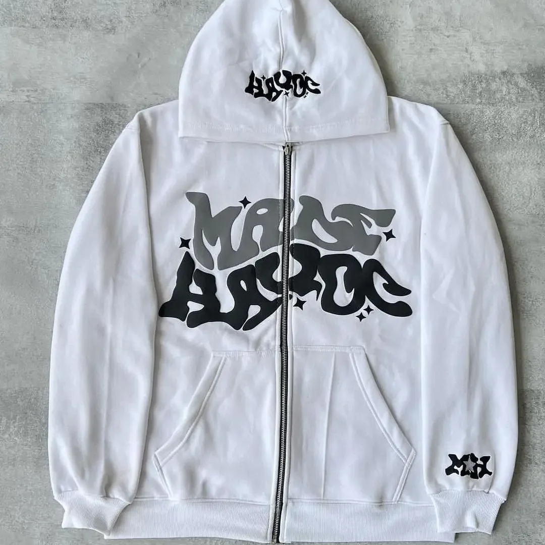 Y2K Star & Letter Print Zip-Up Hoodie – Unisex American Retro Style Thick Hooded Jacket for Spring & Autumn Casual Streetwear