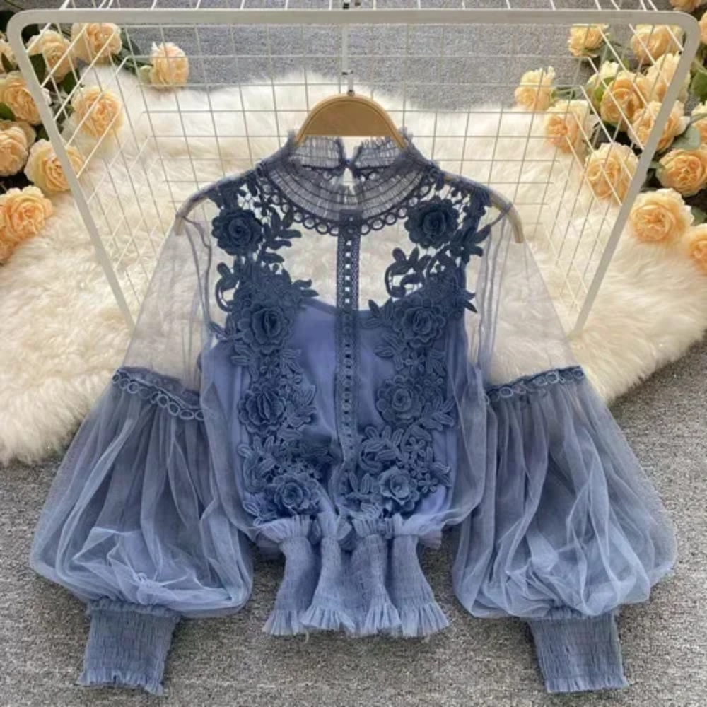 Vintage Lace Patchwork Blouse with Puff Sleeves – Elegant Slim Fit Shirt for Women
