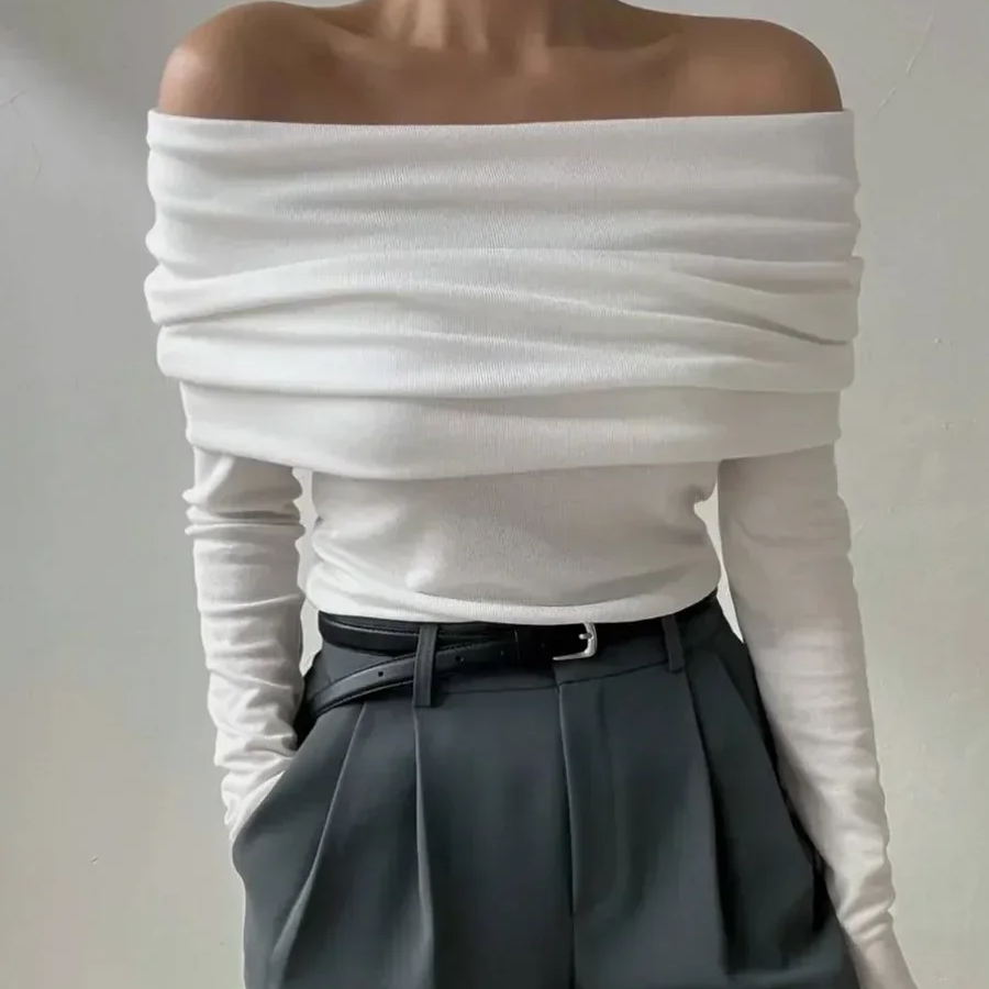 Women's One-Shoulder Knitted Sweater – Slimming Pullover with Long Sleeves, Solid Color High Street Style