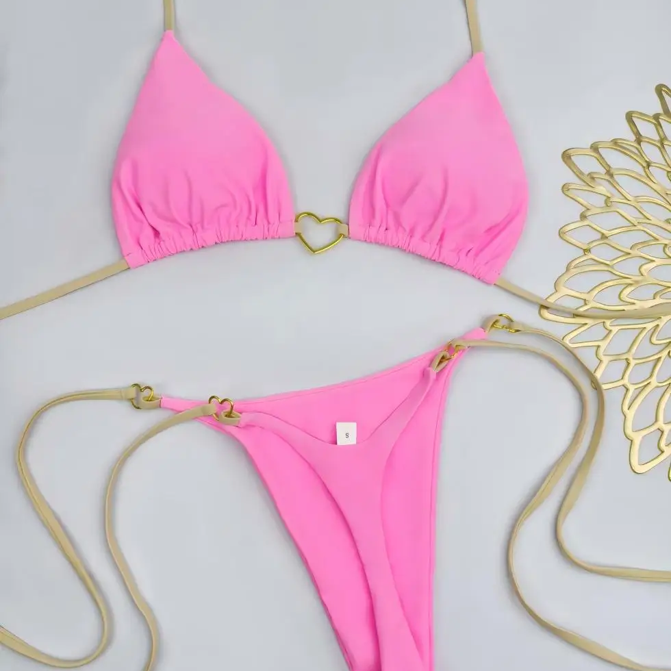White Solid Color Lace-Up Bikini Set – Fashionable Low-Waist Two-Piece Swimsuit for Women, Wire-Free Summer Beachwear