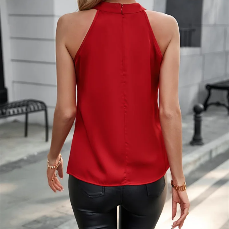Women's Casual Sleeveless Satin Halter Blouse – Solid Color Summer Top with Regular Fit