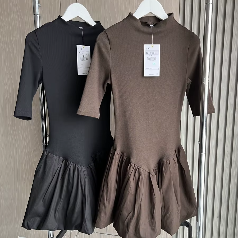 Women's Slim Patchwork Poplin Mini Dress – Short Sleeve Standing Collar Preppy Style Dress for Autumn Winter