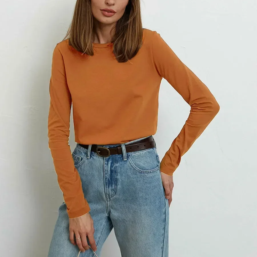 Women's 100% Cotton Long Sleeve Oversized T-Shirt – Loose Basic Solid Top for Spring and Autumn Casual Wear