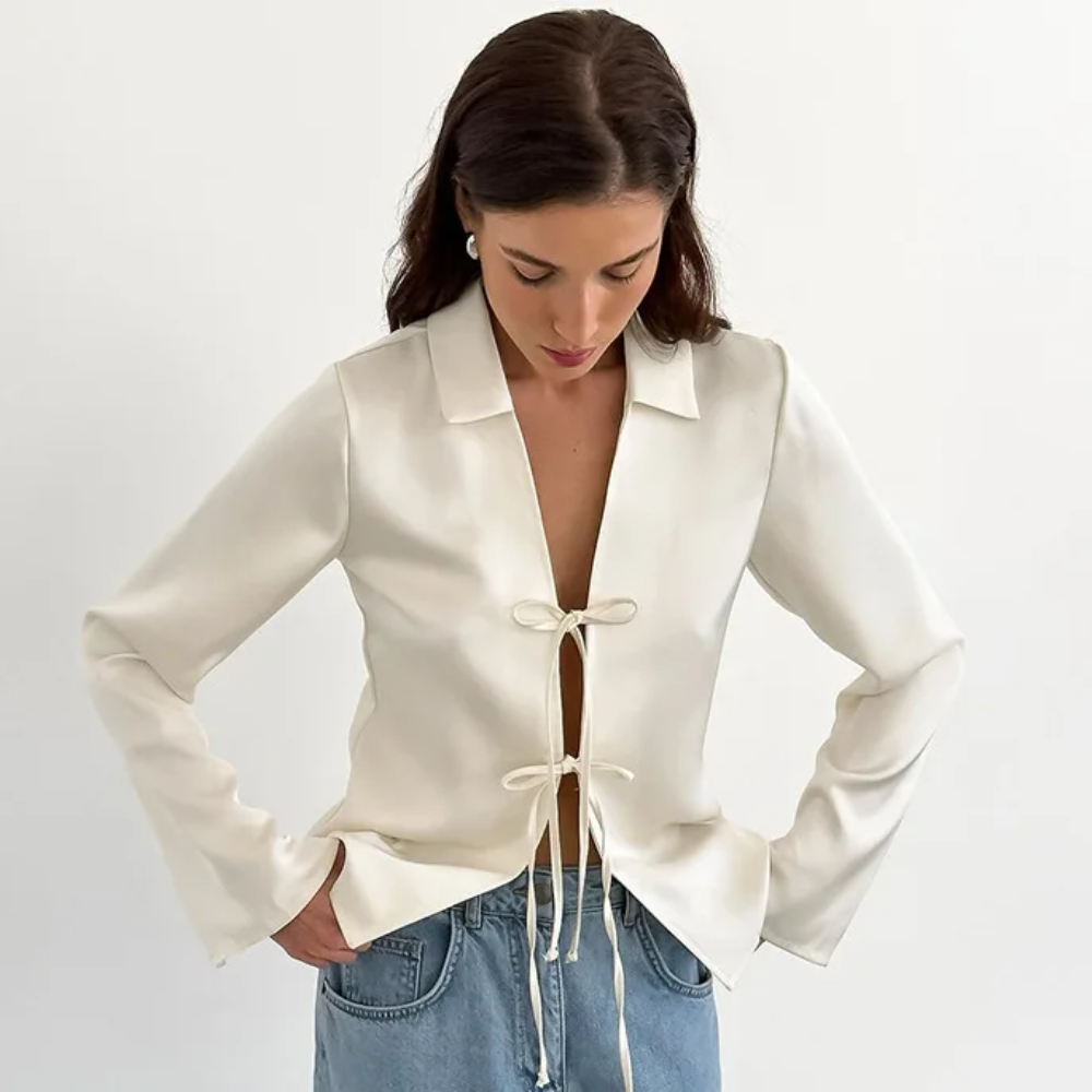 Solid Color Casual Chiffon Blouse – Long Sleeve Loose Fit Shirt with Bow Buttons for Women
