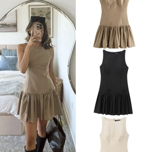 Sleeveless Black Mini Dress – Lace-Up Preppy Style A-Line School Dress