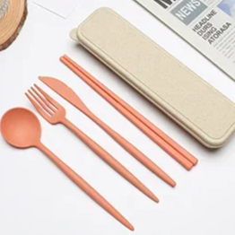 4PCS Portable Wheat Straw Cutlery Set – Spoon, Fork, Chopsticks with Storage Box for Travel & Daily Use