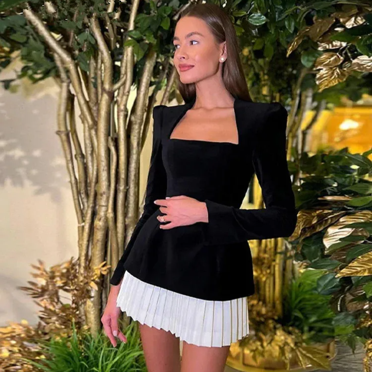 Velvet Spliced Mini Dress – Square Neck Long Sleeve High Waist Elegant A-Line Party Dress for Women Autumn Winter