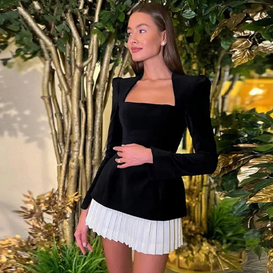 Velvet Spliced Mini Dress – Square Neck Long Sleeve High Waist Elegant A-Line Party Dress for Women Autumn Winter