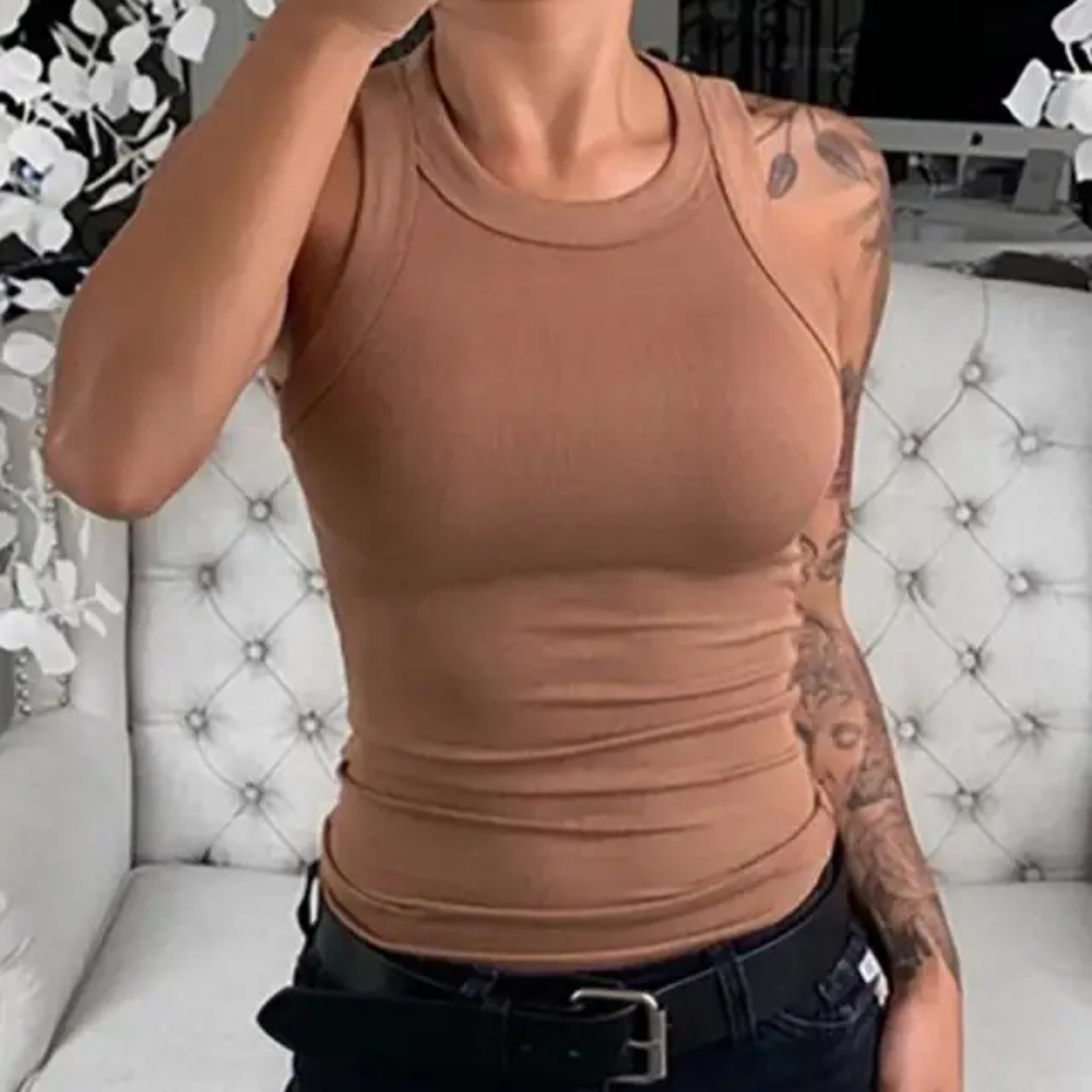 Women's Ribbed Round Neck Tank Top – Solid Color Elastic Cotton Camisole for Summer Casual Wear