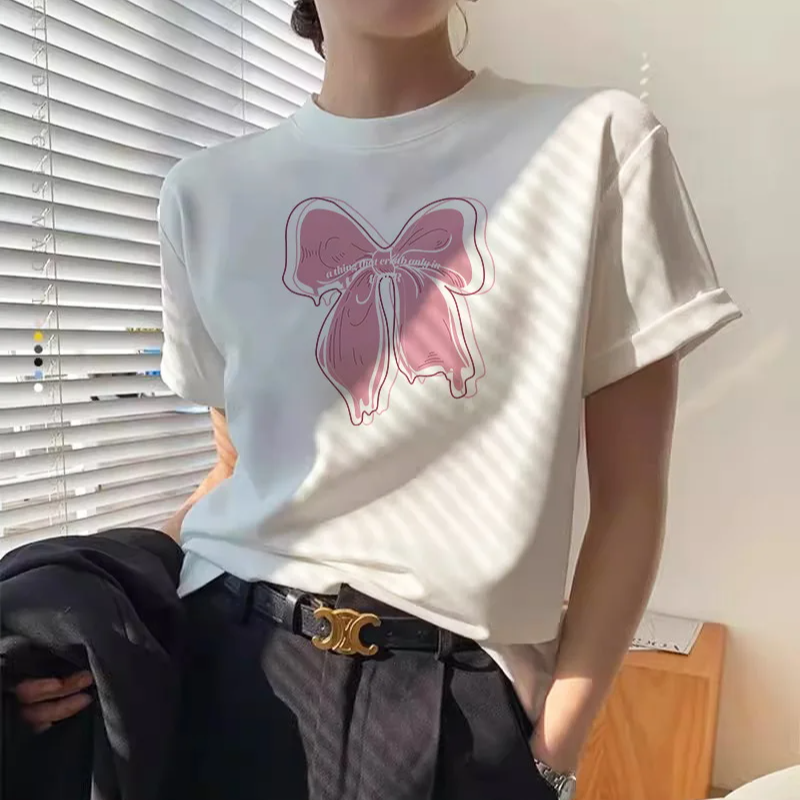 Summer Cotton Printed O-Neck T-Shirt for Women – Korean Y2K Style Casual Short Sleeve Loose Fit Tee
