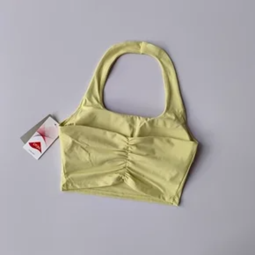 Women's Pleated Halter Sports Bra – Padded, Backless, Stylish Summer Activewear