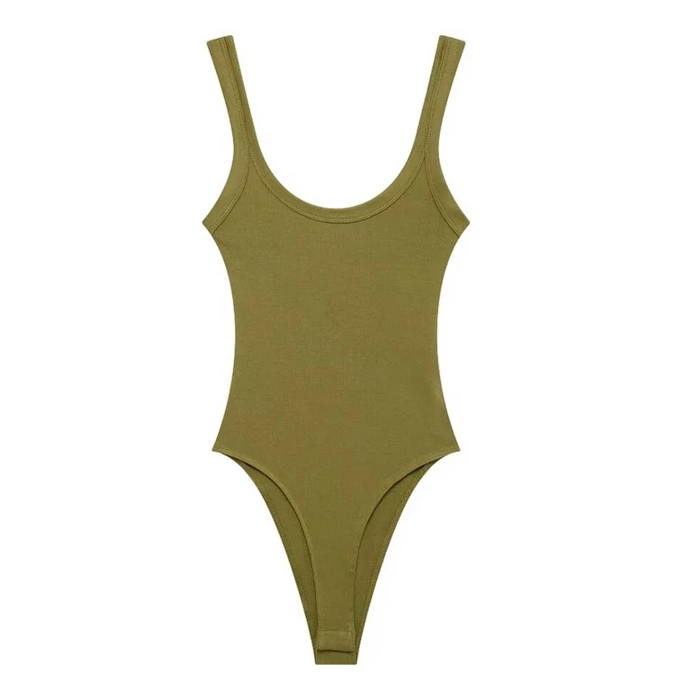 Skinny Ribbed Bodysuit for Women – O-Neck Strappy One-Piece with Snap Closure