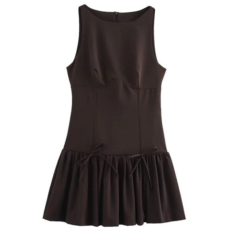 Chic Ruffled Mini Dress with Bows – Sleeveless O-Neck Casual A-Line Dress for Women