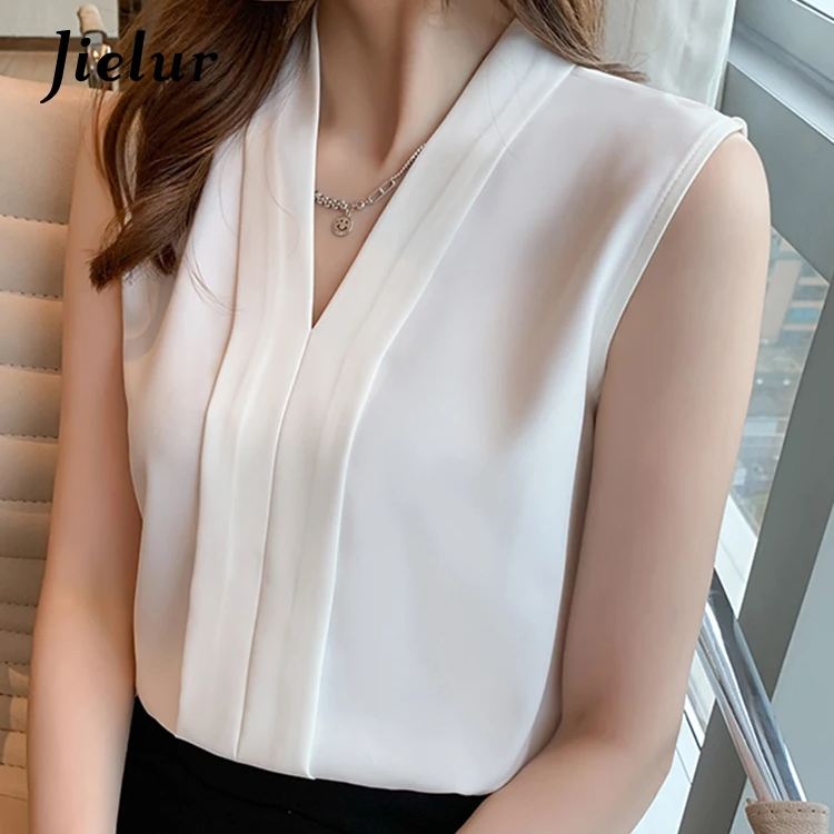 Women’s Sleeveless V-Neck Chiffon Tank Blouse – Elegant Solid Color Summer Top for Office & Casual Wear