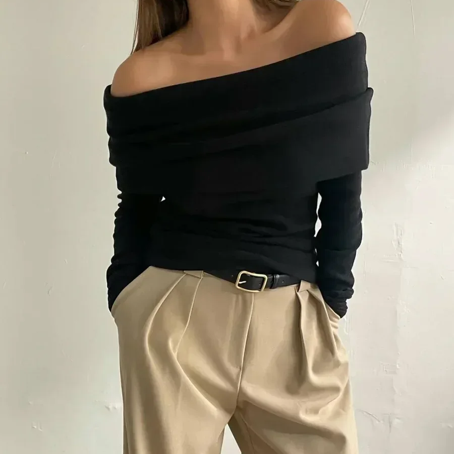 Women's One-Shoulder Knitted Sweater – Slimming Pullover with Long Sleeves, Solid Color High Street Style