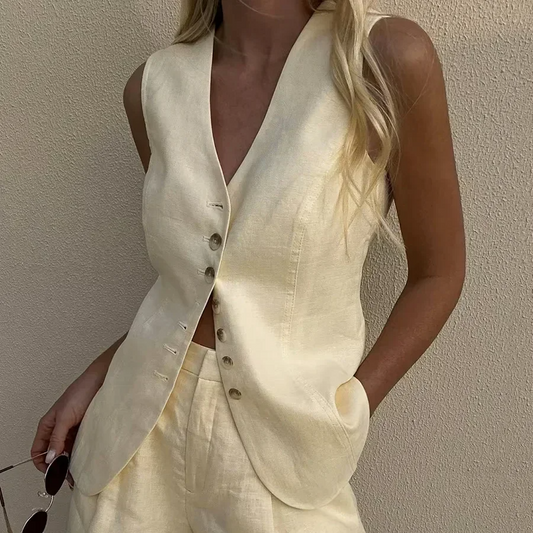 Women's Cotton-Linen Vest and Shorts Set – Sleeveless V-Neck Tank Top and Button Fly Shorts, Chic Loose Summer Outfit