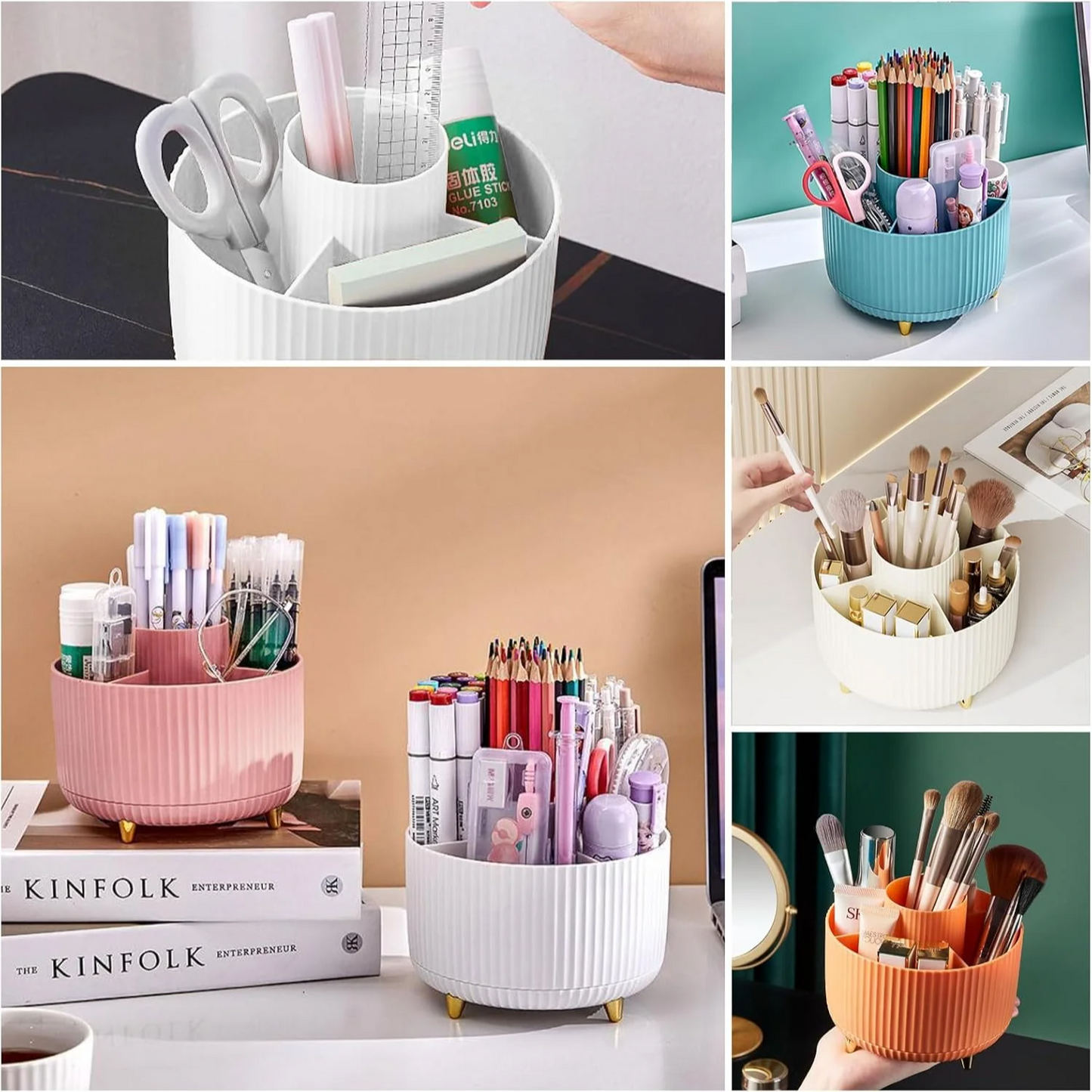 360° Rotating Makeup Organizer Box – Multi-Compartment Brush & Lipstick Holder with Vertical Stripe Design