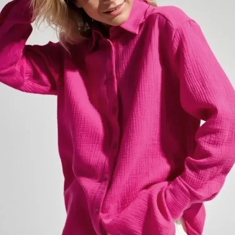 Women's 100% Cotton Long Sleeve Crepe Shirt – Casual Office Style Button-Up Top