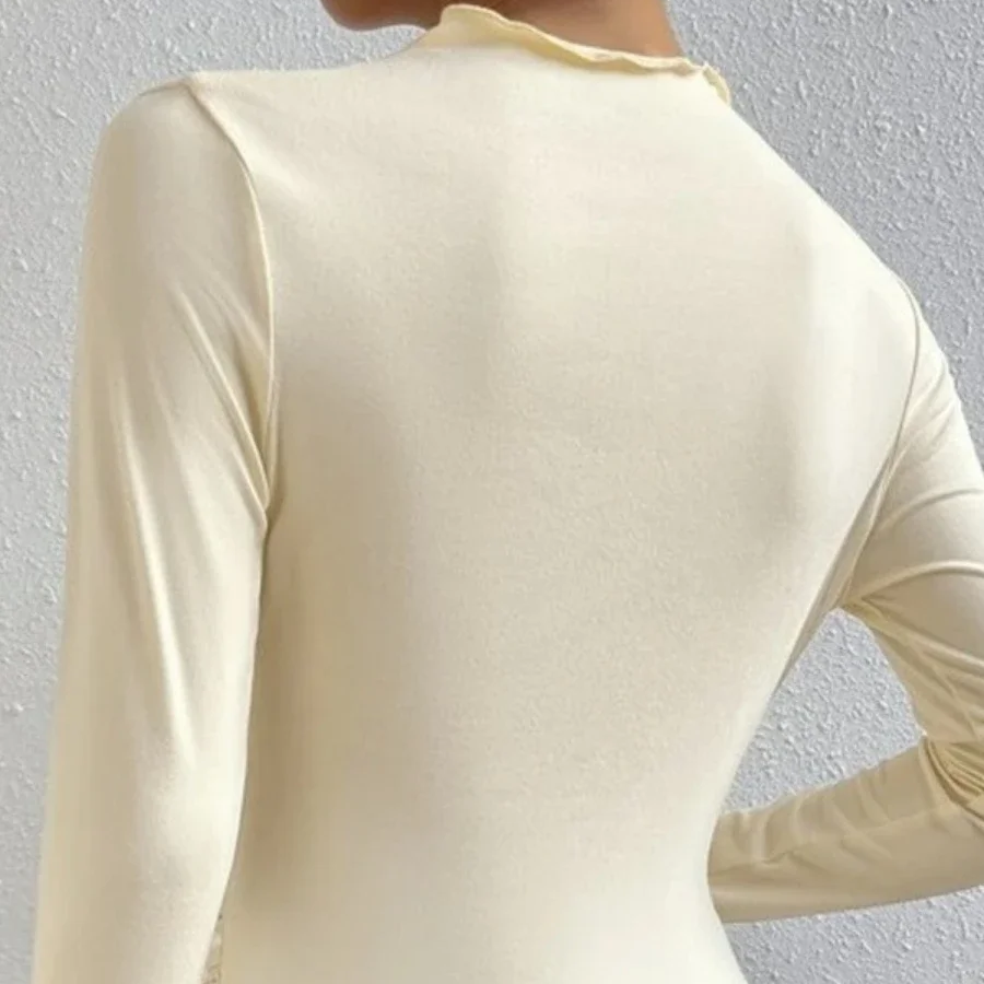 Women's Slim Fit Pleated Long Sleeve T-Shirt – Solid Color Base Layer for Autumn and Winter