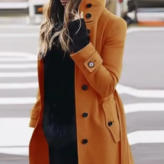 Women's Long Warm Coat – Turn-down Collar Thick Autumn Winter Jacket with Single Breasted Closure