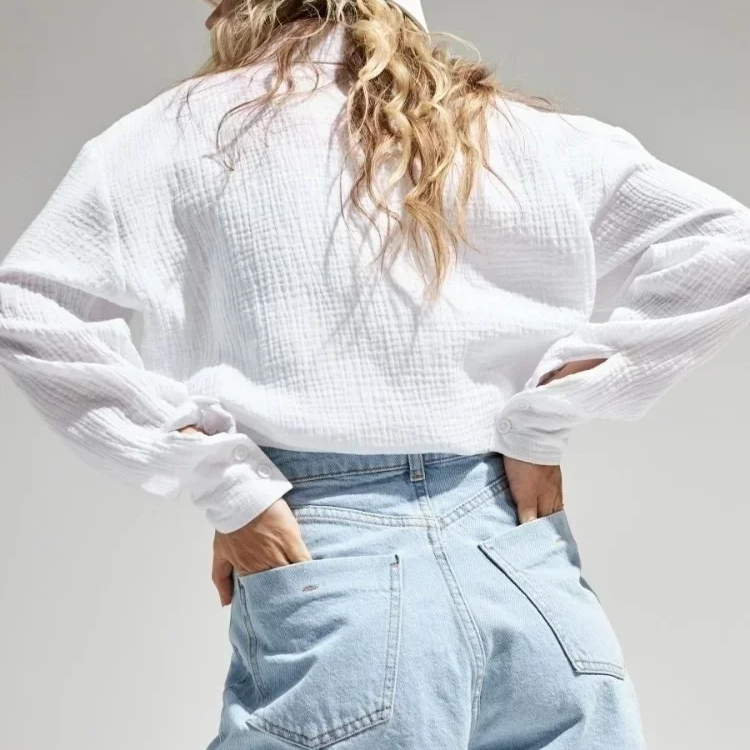Women's 100% Cotton Long Sleeve Crepe Shirt – Casual Office Style Button-Up Top