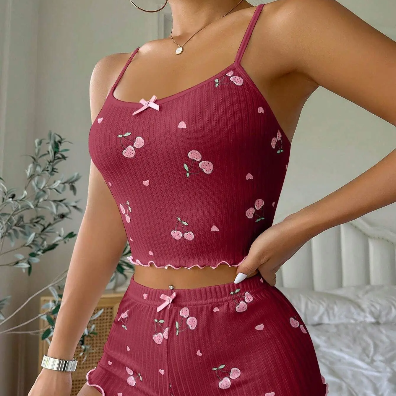 Women's Sexy Heart Print Pajama Set – Ribbed Bow Crop Cami Top & Shorts Summer Nightwear