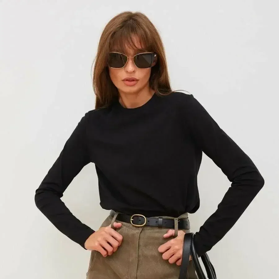 Women's 100% Cotton Long Sleeve Oversized T-Shirt – Loose Basic Solid Top for Spring and Autumn Casual Wear