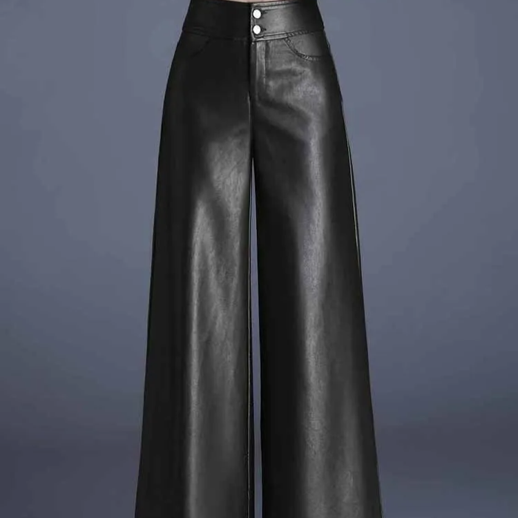 Women’s High Waist Wide Leg Faux Leather Pants – Elegant PU Leather Trousers for Autumn & Winter Casual Fashion
