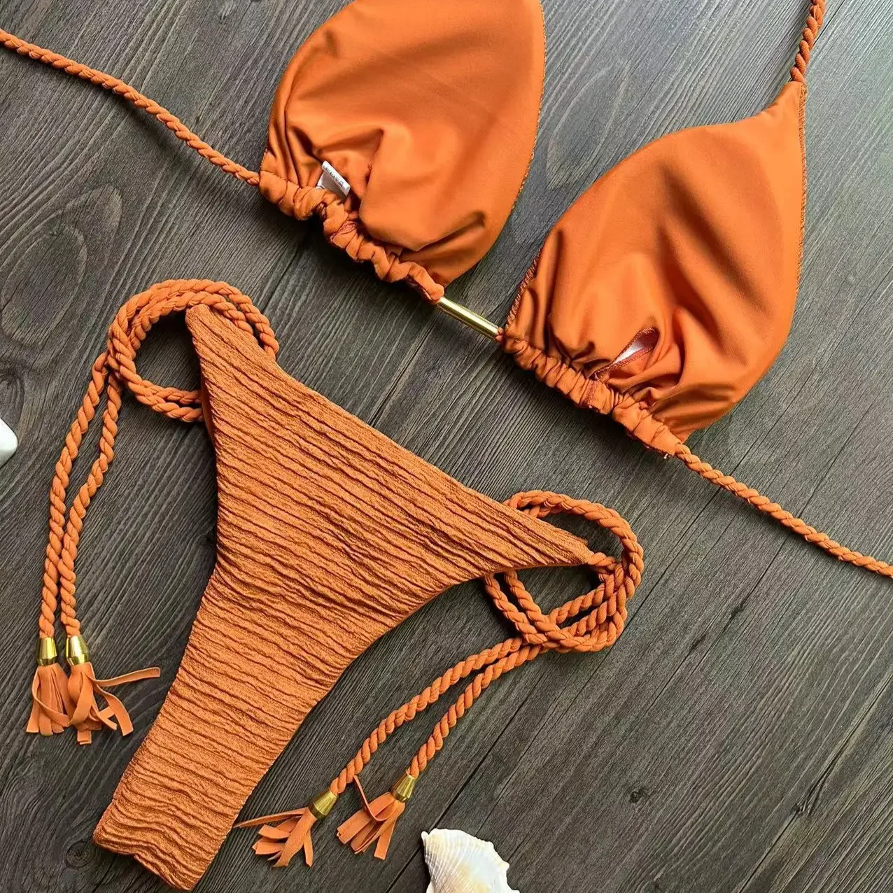 Women’s Braided Rope Bikini Set – Sexy Brazilian Swimsuit with Solid and Plant Print Options, Wire-Free Strap Design for Beach Style
