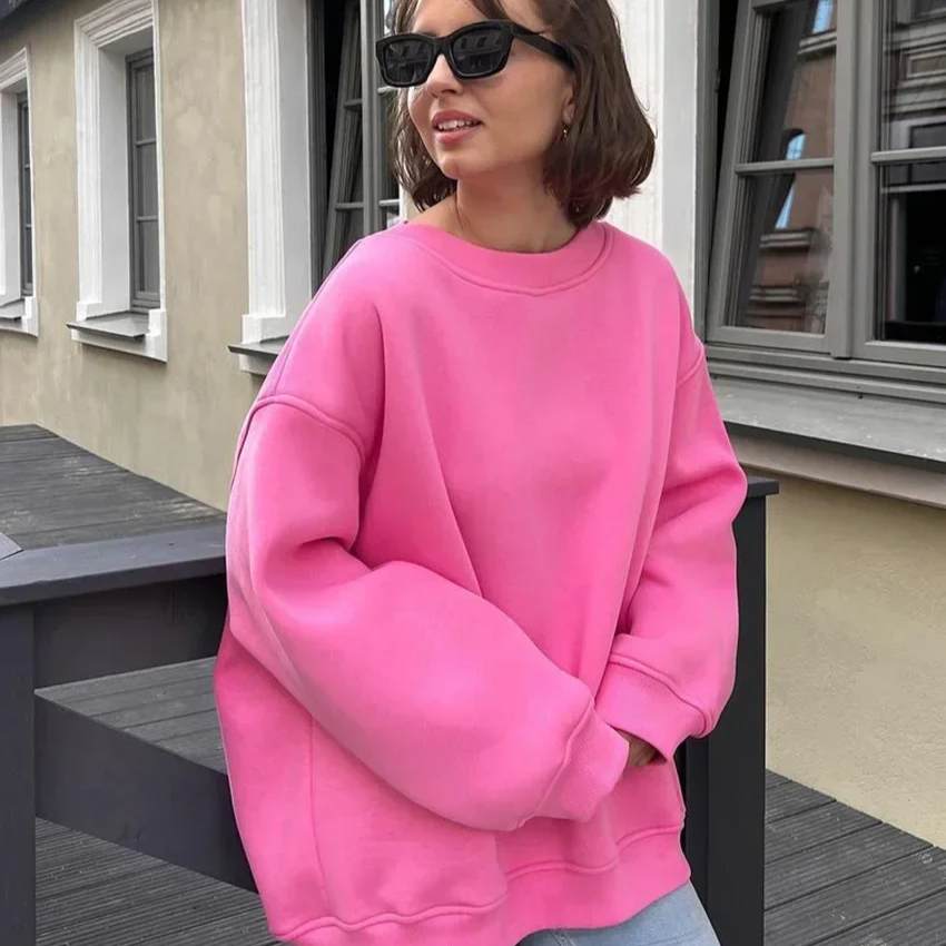 Women's Oversized Fleece Pullover Sweatshirt – Warm Thick Casual Long Sleeve Top for Autumn and Winter Streetwear