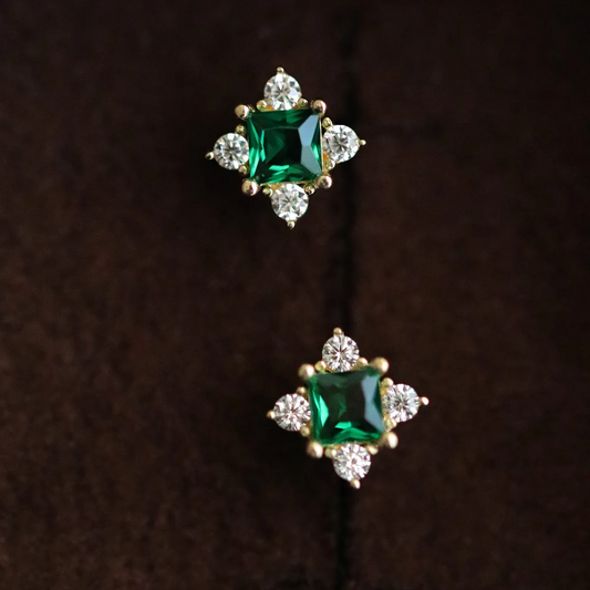 925 Sterling Silver 14K Gold-Plated Green Zircon Geometric Stud Earrings for Women – Classic Engagement Jewelry