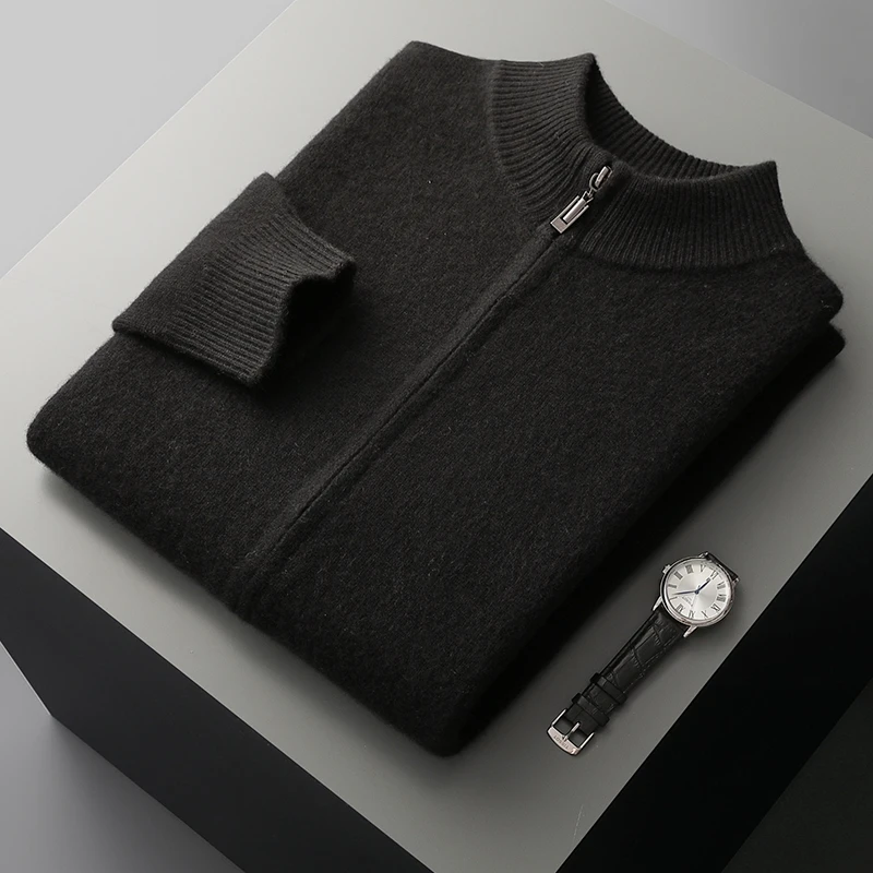100% Merino Wool Men’s Zip Cardigan – Thick Warm Knitted Sweater with Mock Collar, Long Sleeve Casual Wool Top for Autumn & Winter