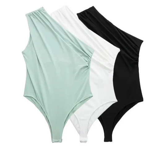 Asymmetric One-Shoulder Bodysuit with Ruched Detail and Snap Closure – Sexy Wide-Strap Clubwear for Women