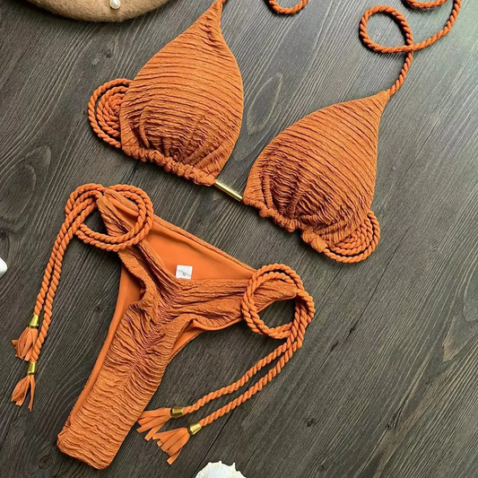 Women’s Braided Rope Bikini Set – Sexy Brazilian Swimsuit with Solid and Plant Print Options, Wire-Free Strap Design for Beach Style