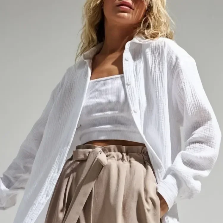 Women's 100% Cotton Long Sleeve Crepe Shirt – Casual Office Style Button-Up Top